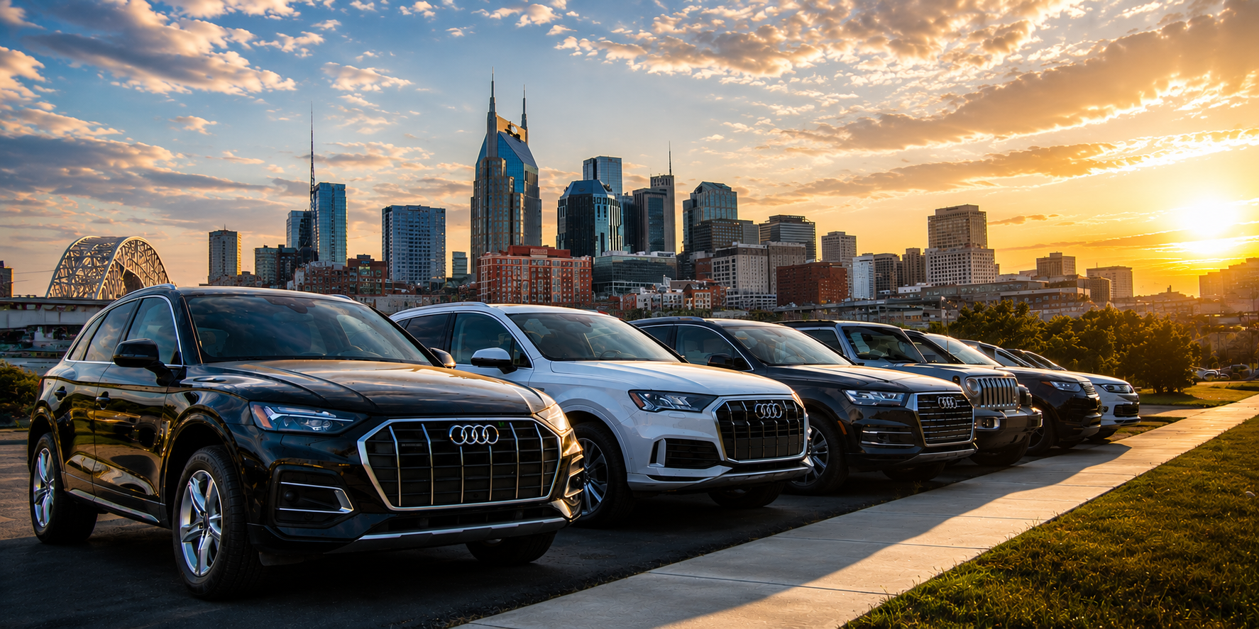 Row of Audi and Jeep SUVs for sale in front of the Nashville, TN skyline at sunset - United Auto Sales & Leasing