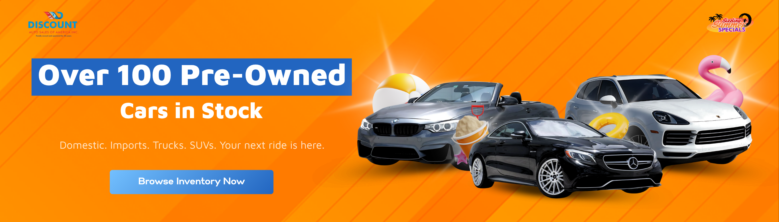 This banner showcases a wide selection of over 100 pre-owned vehicles, including sedans, SUVs, and convertibles. With a colorful summer-themed design and lighthearted elements, it invites viewers to “Browse Inventory Now” and find their next ride from a diverse lineup.