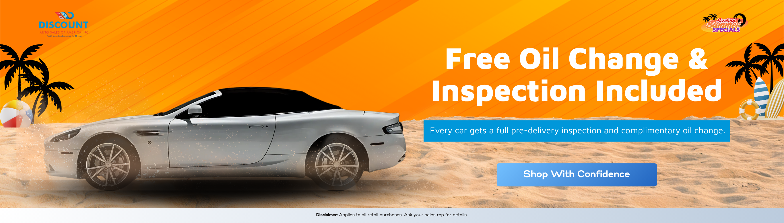 This eye-catching banner highlights a complimentary oil change and full pre-delivery inspection with every retail purchase. The beach setting and playful summer graphics support the “Sizzling Summer Specials” campaign, while a “Shop With Confidence” button directs users to inventory.