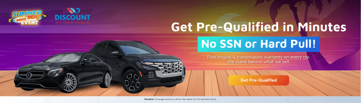 This vibrant tropical boardwalk banner presents Discount Auto Sales of America’s fast and simple pre-qualification process with no SSN or hard credit pull required. Featuring a Mercedes coupe and Hyundai SUV, it includes warranty coverage and a bright “Get Pre-Qualified” call-to-action.