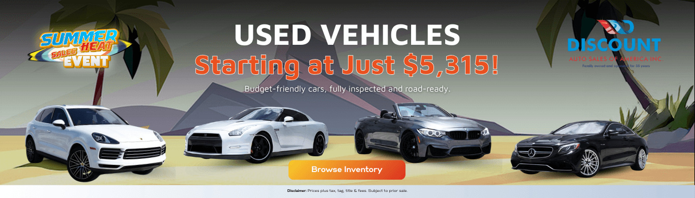 This banner showcases a variety of sleek used vehicles with palm tree graphics and bright summer tones. It promotes used vehicles starting at just $5,315, highlighting budget-friendly pricing, full inspections, and road-ready quality. A “Browse Inventory” button directs viewers to explore available stock.