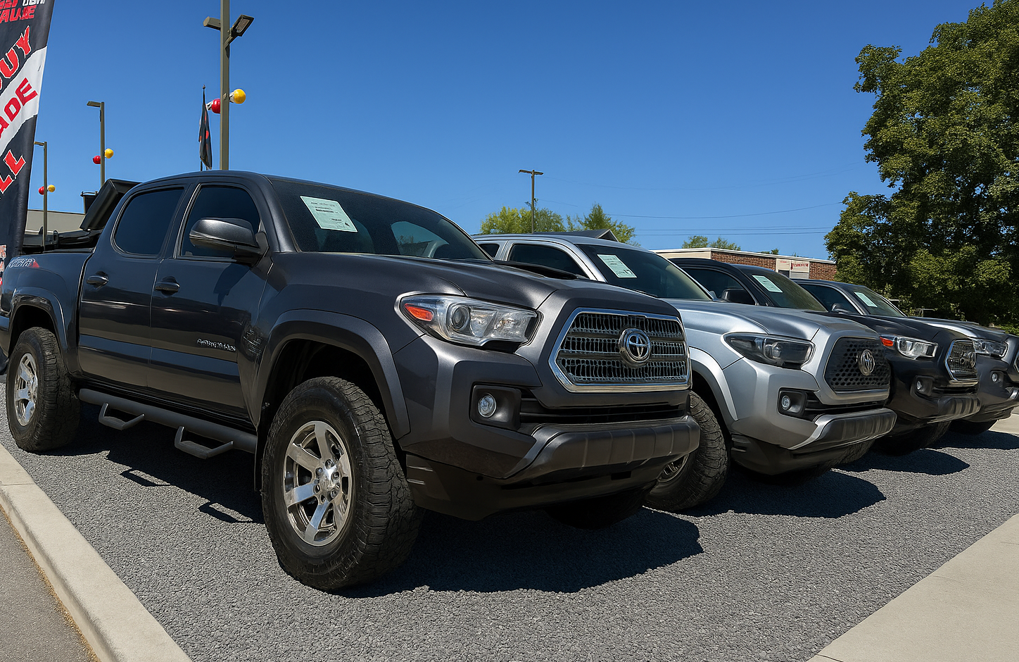 Row of Toyota Tacoma trucks for sale at CS Utah Trucks dealership in Provo, Utah