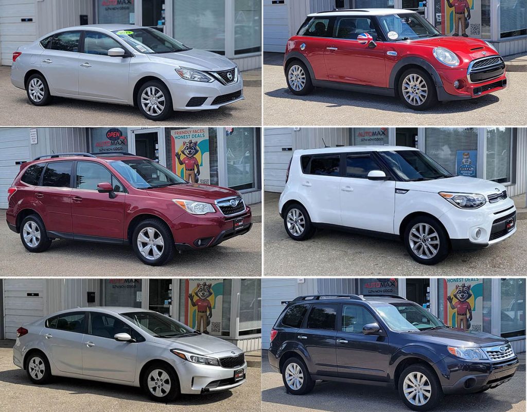 Economy cars for sale in South Bend at Automax Indiana — lineup including Nissan Sentra, MINI Cooper, Subaru Forester, Kia Soul, Kia Forte, and more.