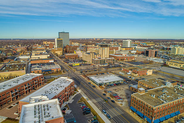 Aerial view of downtown South Bend Indiana near Automax car dealership