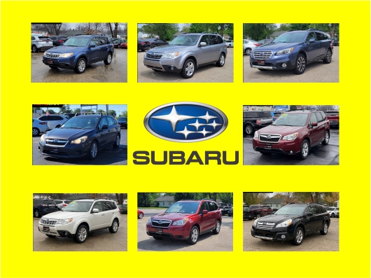 Collage of used Subaru vehicles at Automax of Indiana in granger with Subaru logo centered
