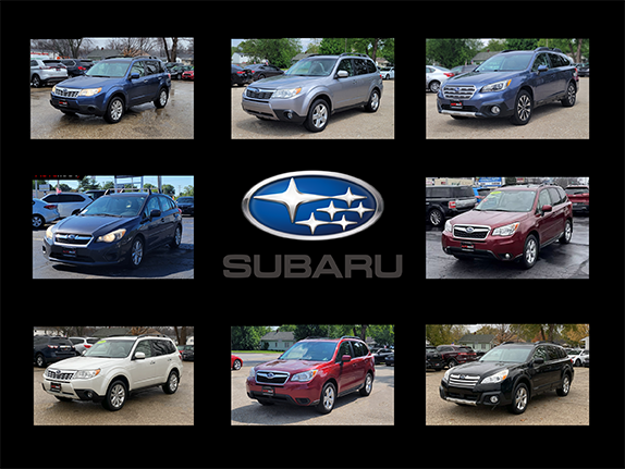 Collage of used Subaru vehicles at Automax of Indiana in Mishawaka with Subaru logo centered