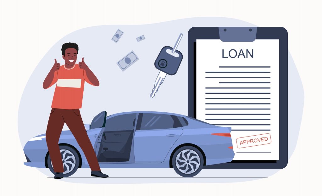 A man rejoices at the approval of a car loan after bad credit. Vector illustration.