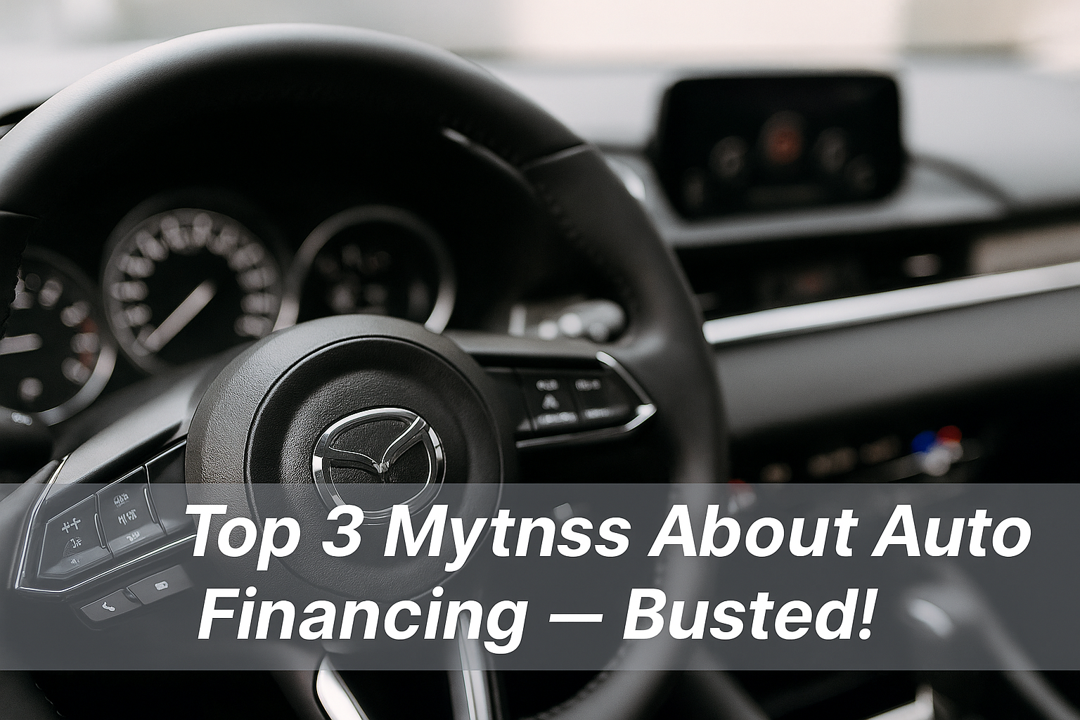 Steering wheel of a Mazda with text overlay ‘Top 3 Myths About Auto Financing — Busted!’ representing a blog post from Auto Sales & Service in Indianapolis about common car loan misconceptions.