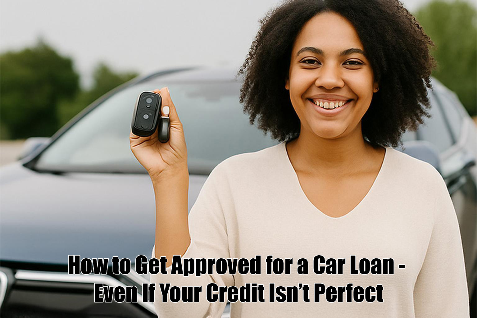 Smiling woman holding car keys in front of her new vehicle after getting approved for a car loan in Indianapolis.