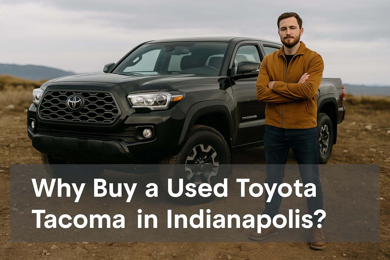 Rugged Toyota Tacoma parked outdoors with blog title overlay promoting used Toyota trucks in Indianapolis.