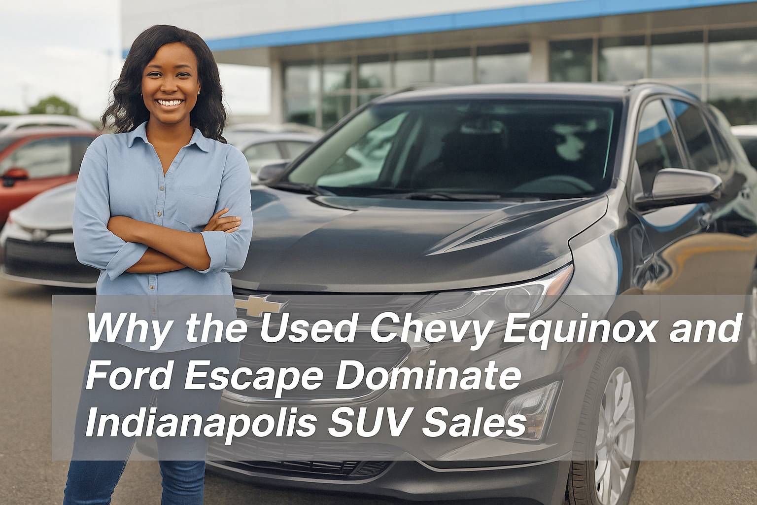 Smiling woman standing next to a gray Chevy Equinox at Auto Sales & Service in Indianapolis