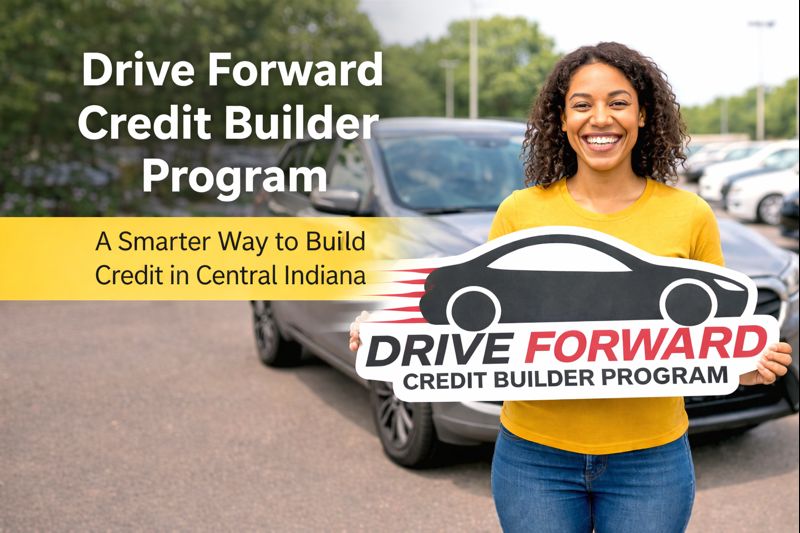 A smiling customer holding a Drive Forward Credit Builder Program sign in front of a vehicle at Auto Sales & Service in Indianapolis, Indiana.