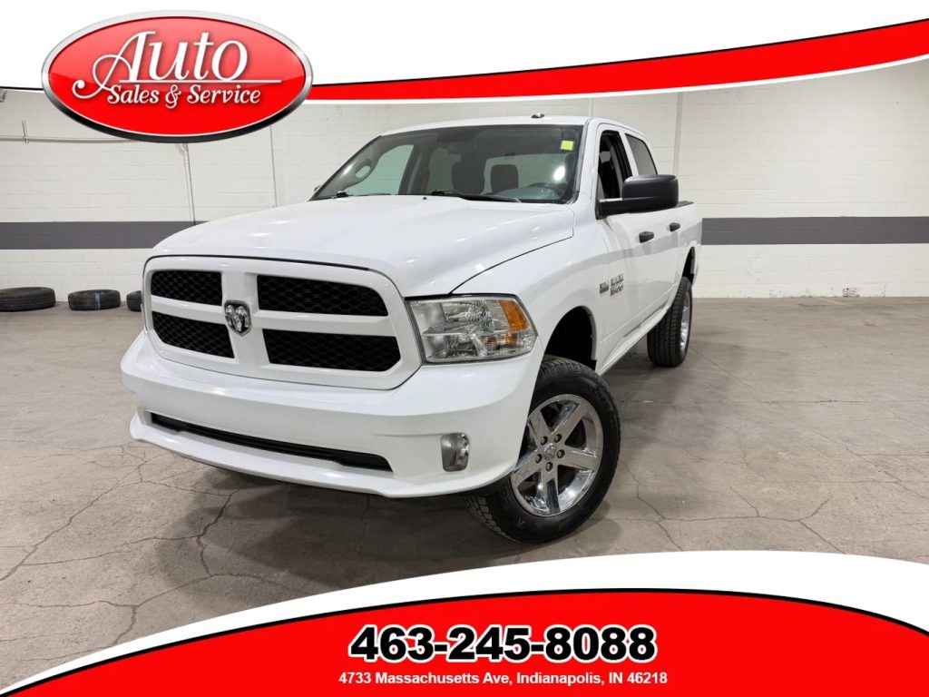 Pre-owned white Ram 1500 Express Crew Cab truck for sale at Auto Sales and Service in Indianapolis.